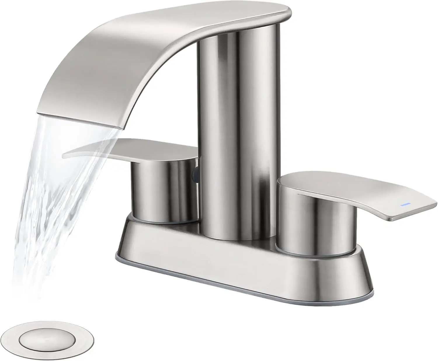 Waterfall Bathroom Sink Faucet Brushed Nickel, Two Handles Bathroom Faucet with Metal Pop up Sink Drain Stopper