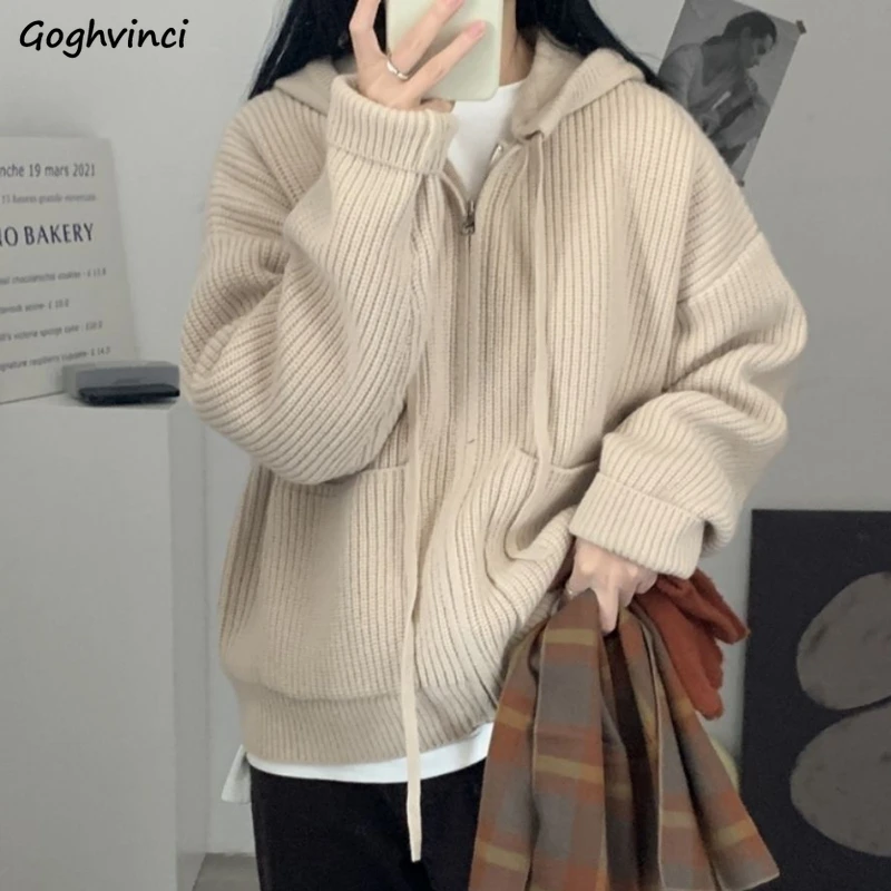 

Hooded Cardigans for Women Pockets Harajuku College Zip-up Sweaters Autumn Ulzzang Sweet Y2k Chic Teens Daily All-match Knitwear