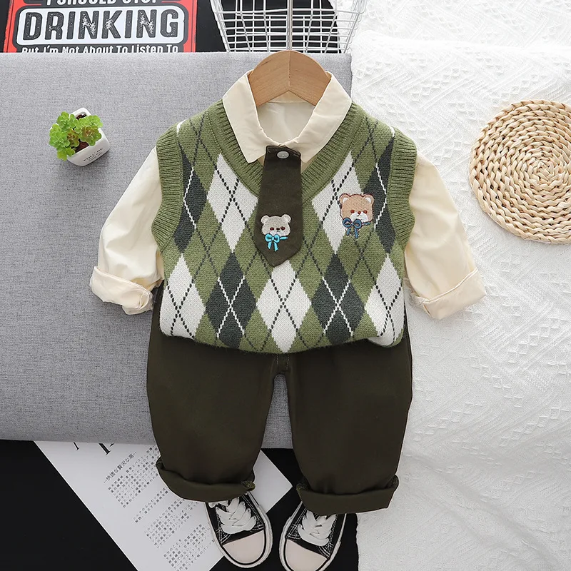 

2025 New College Style Cartoon Tie Sweater Three Piece Set Autumn Long Sleeved Casual Boys Girls Children Clothing Baby Set