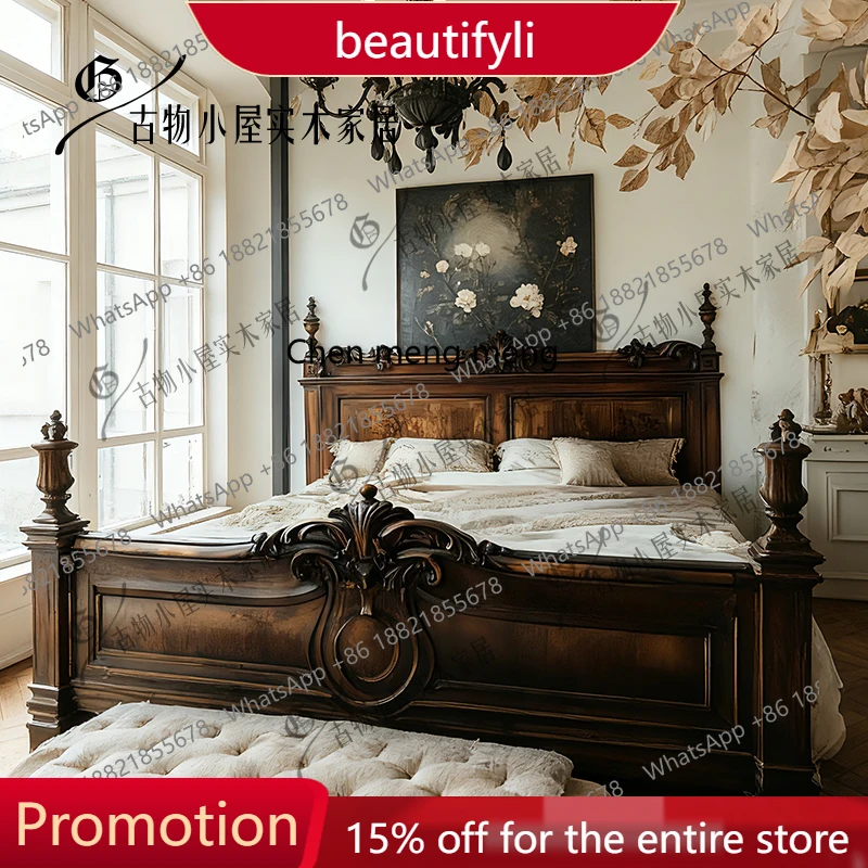 

s51 French carved master bedroom bed/log color retro simple light luxury 1.5m single/1.8m double bed/customized