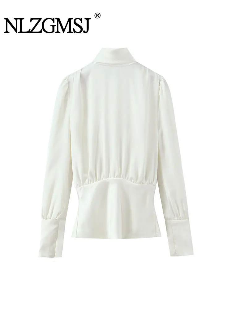 

NLZGMSJ осенняя женская новая блузка с открытой спиной и бантом, шикарная модная атласная элегантная повседневная короткая блузка с длинным рукавом, топ ﻿