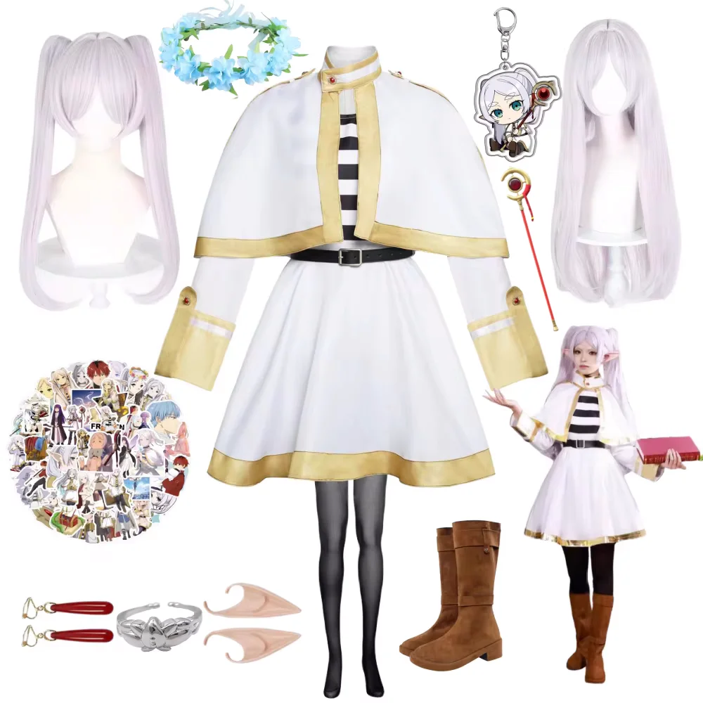 Sousou No Frieren Cosplay Costume para Meninas, Anime Magician Wig, Elf Ear Dress, Acessório de Natal