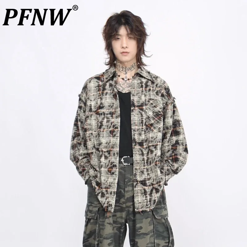 

PFNW American Style Design Tie Dye Shirt Men's Lapel Long Sleeved Autumn Trendy High Street Loose Lazy Style Plaid Tops 28W5068