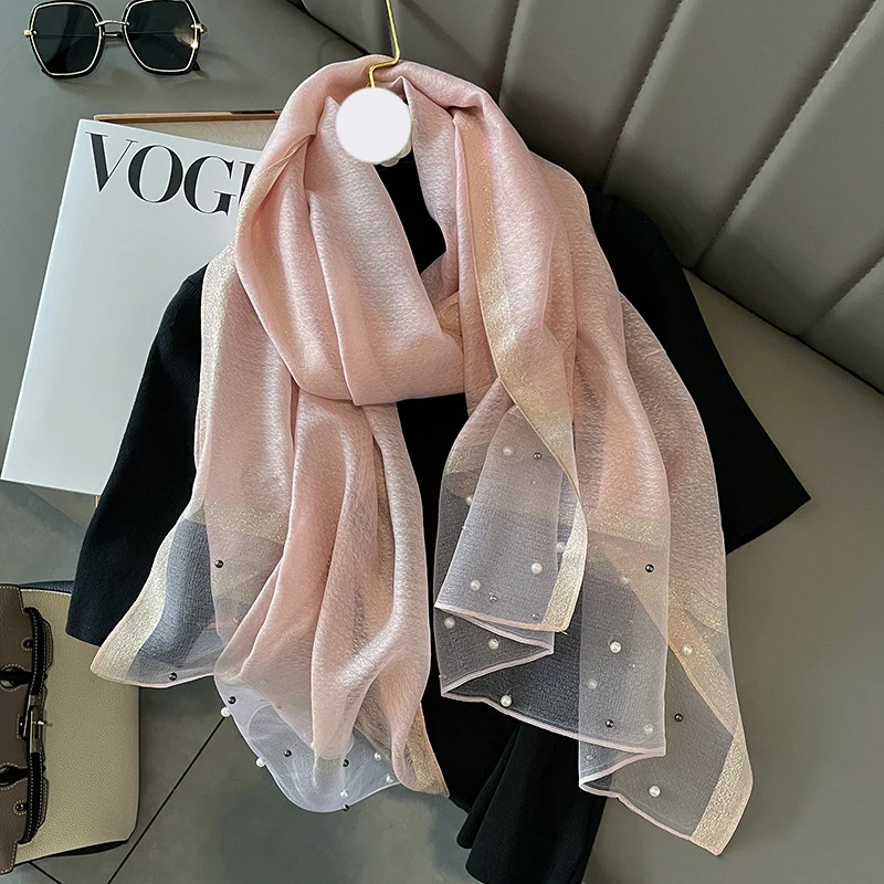 Design Long Scarf Women Golden Bead Sequin Silk Wool Feeling Lady Shawl Wrap Hijab Foulard Female Bandana Stole Headband