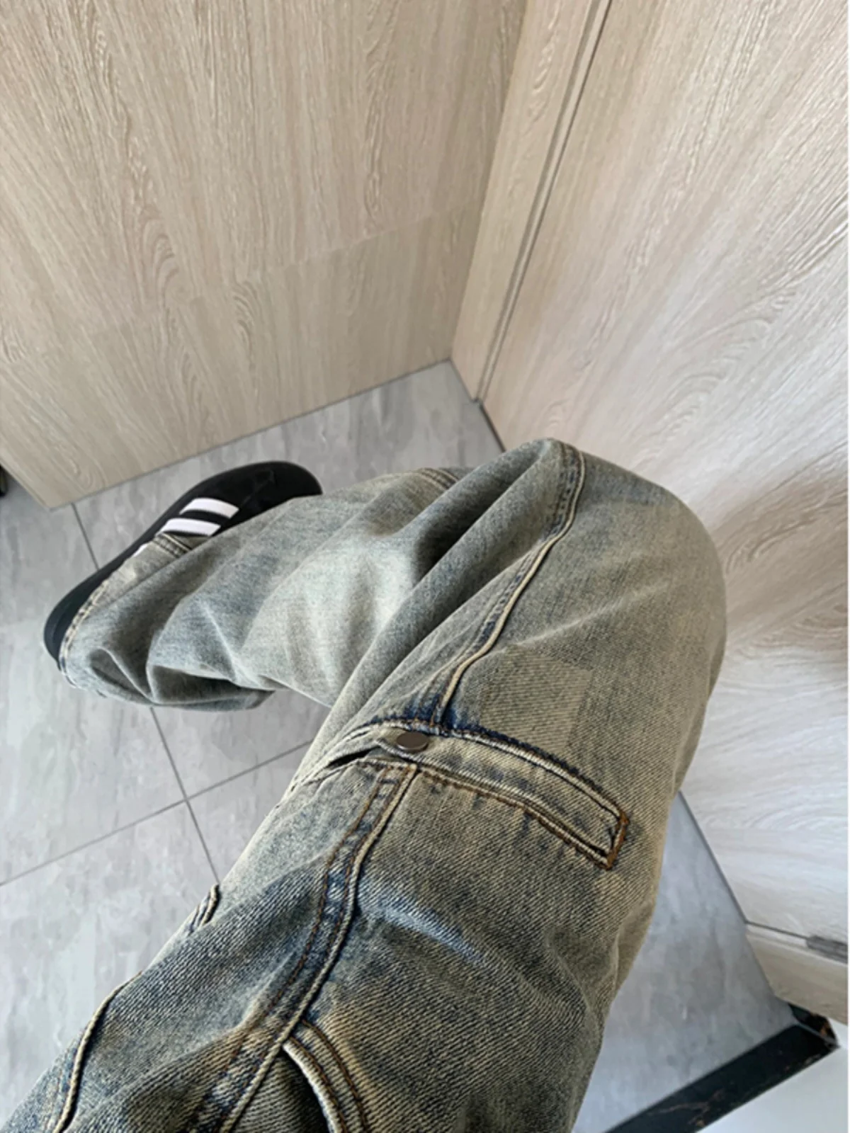 

Американские джинсы в стиле ретро из синего денима для мужчин, осенне-зимние, с высокой посадкой, прямые, рабочие брюки, Ele Sensation OOTD