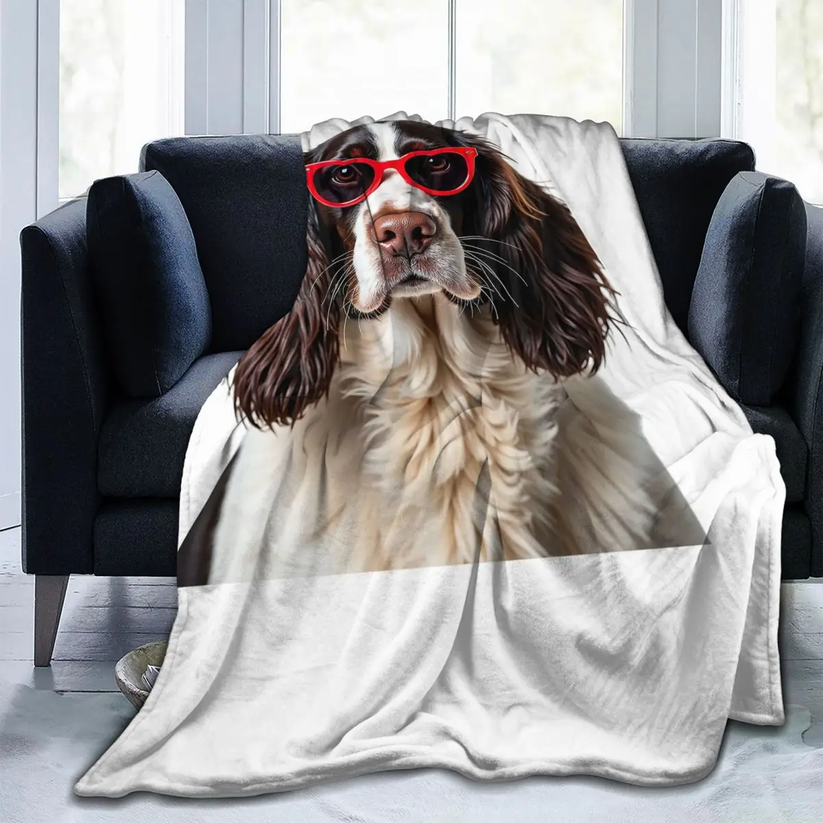 

English Springer Spaniel Dog Wearing A Heart Shape Sunglasses Blankets Flannel Sofa Throw Blanket Throws Bedspread Quilt