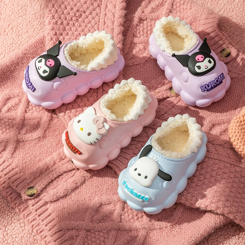 Sanrio Winter Cute Cartoon antypoślizgowe dziecięce pluszowe kapcie miękka podeszwa klapki japonki dziecięce dziewczęce kryty muły ciepłe domowe