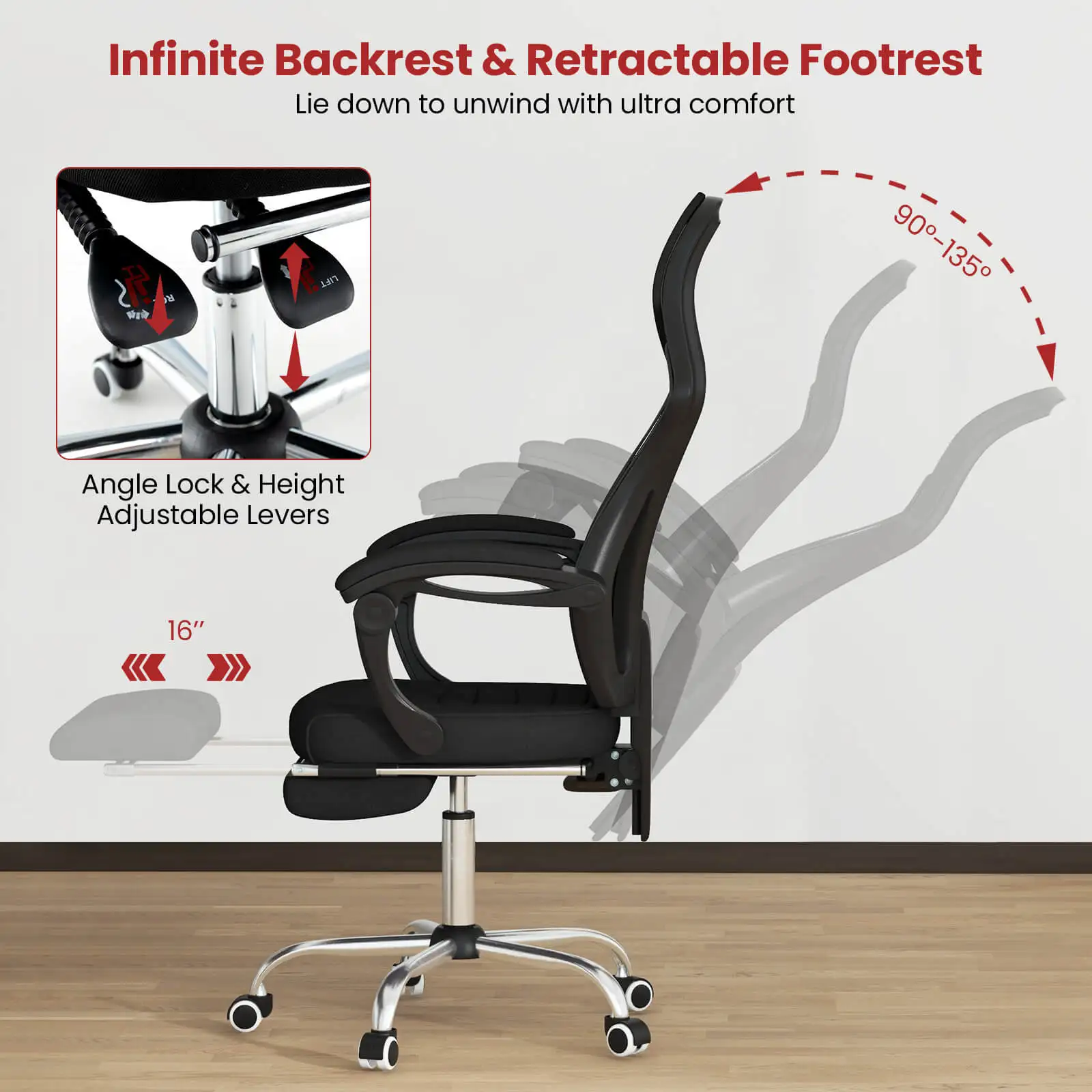 Kursi kantor jaring ergonomis dengan sandaran kaki tinggi dapat diatur & dimiringkan