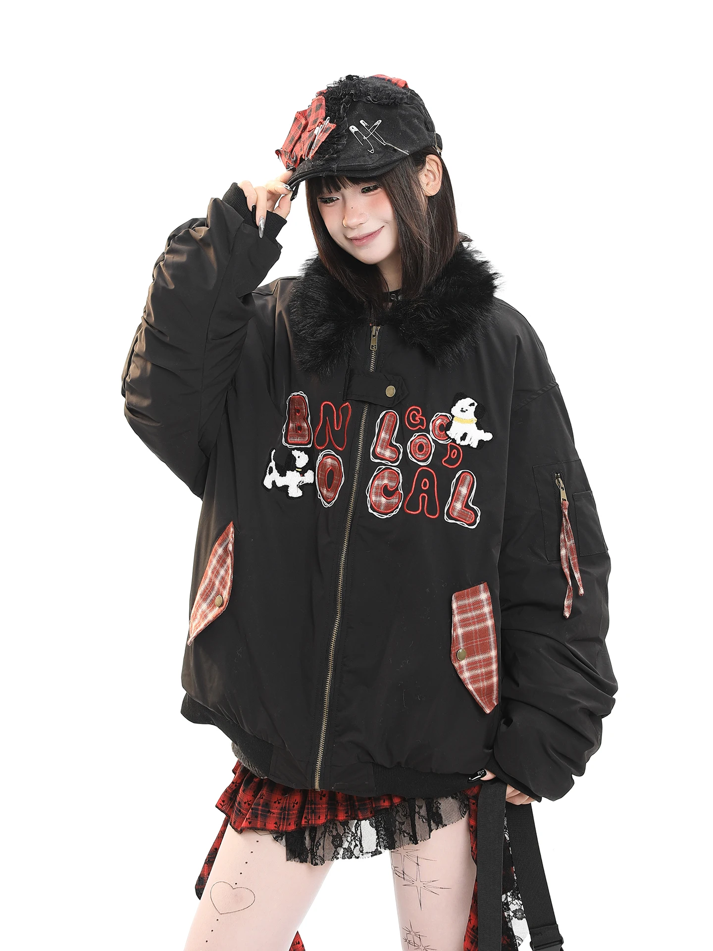 Korean Style Cartoon Plaid Embroidered Fur Collar Cotton Jacket Women Winter Loose Cotton Padded Warm Thick Super Beautiful C...