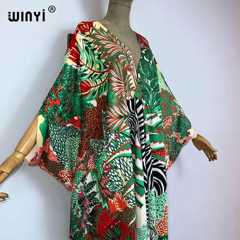 Summer boho Sexy beach kaftan high-quality fashion print 2023 WINYI Maxi women\'s robes long beach V-neck Bohemian dress