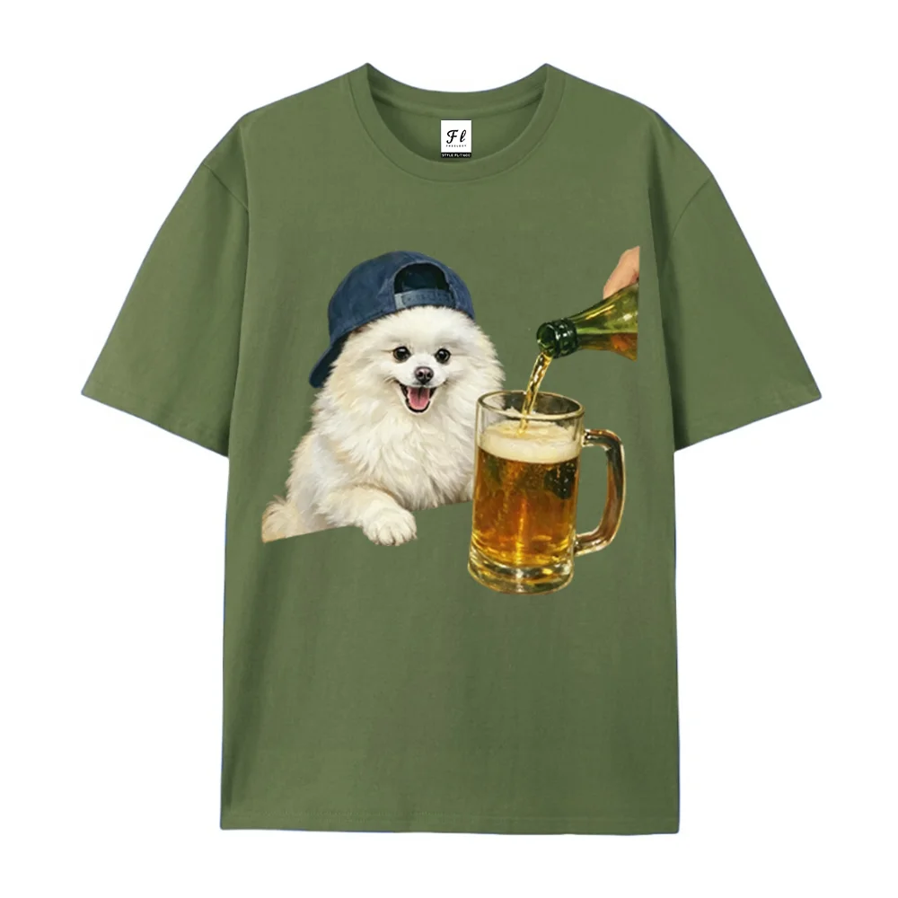 Funny Pomeranian Dog With Cap Mug Graphic T‑Shirt Unisex Vintage Print Casual Short Sleeve Streetwear Tee Hipster Cotton  Gift