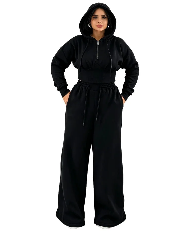 Wmstar Two Piece Sets Wholesale Women Solid Hooded Crop Top Wide Leg Pants Set  Long Sleeve Casual Sweat Outfit Soft Wear 2026