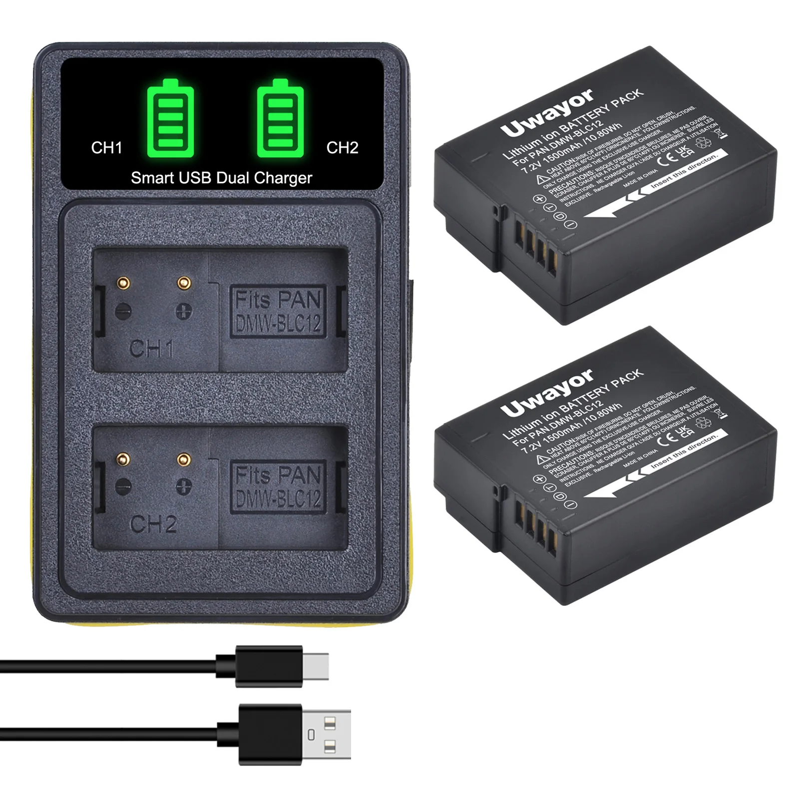 UWayor 1500mAh DMW-BLC12 BLC12E Battery + LED USB Type C Dual Charger for Panasonic Lumix G5 G6 G7 GH2 GX8 FZ1000 FZ200 FZ300