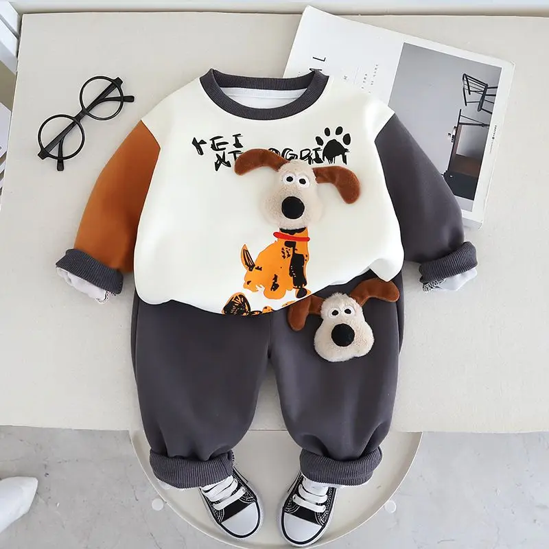 Baby Boy 2pcs Cartoon Dog Toddler Set Funny 3D Plush Outfit Pullover Sweatshirt Color Block Top Jogger Pants Kids Winter Apparel