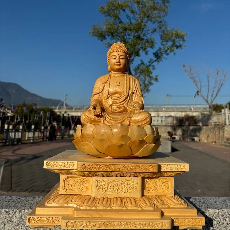 Hand-Carved Hinoki Wood Shakyamuni Buddha Statue - 14.5