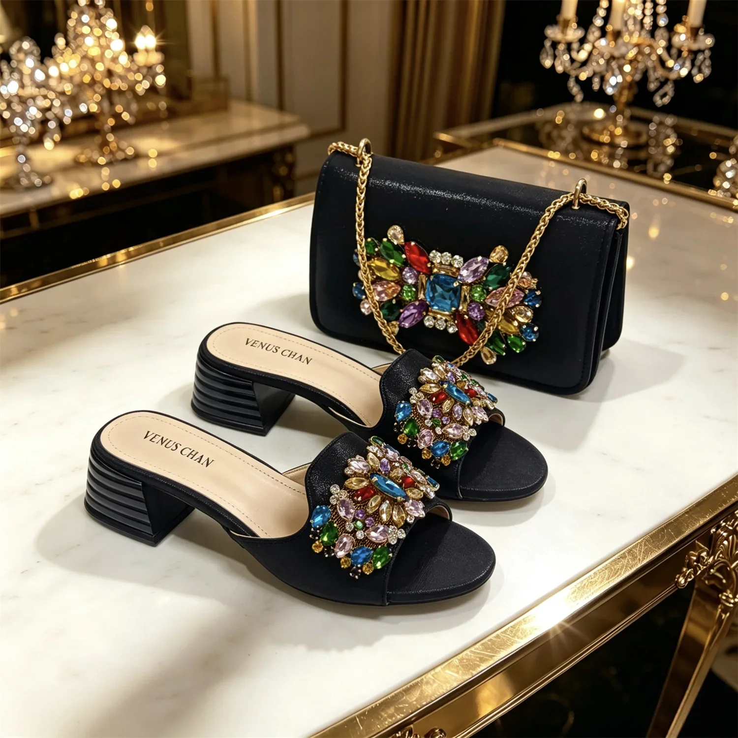 Olivgrüne Strass-Sandalen mit passender Tasche, Damen-Pantoletten mit Blockabsatz, bunte Kristall-Pantoletten, Clutch-Tasche für Hochzeiten – Detail 14