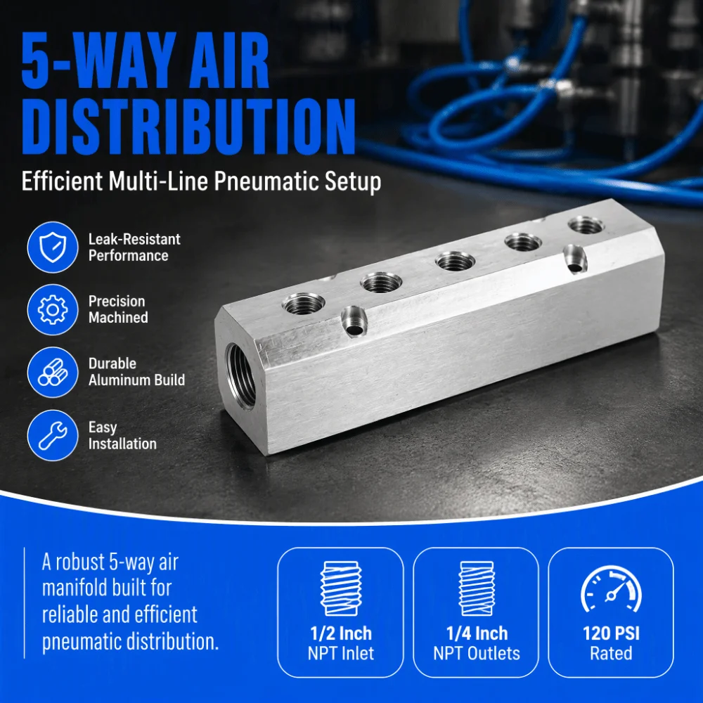 40mm High Flow Rate Pneumatic Manifold 1/4in NPT Output Aluminum Compressed Air Manifold Silver 5 Way Air Splitter Compressor