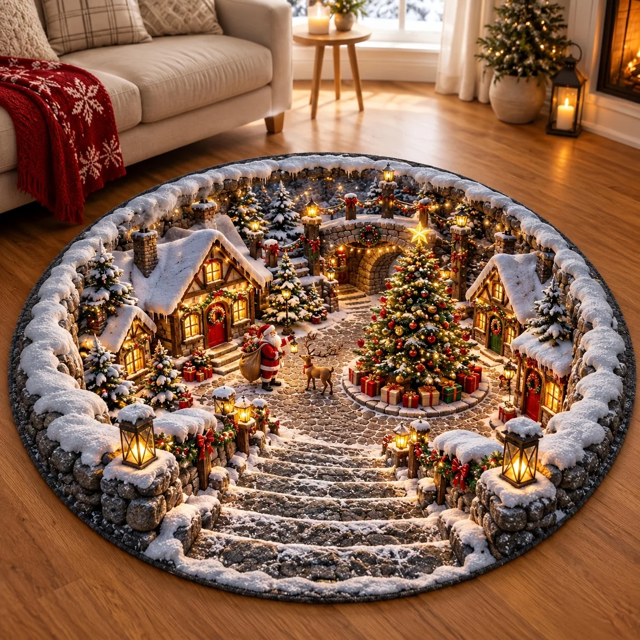 Santa Sleigh Ice Cave Illusion Round Rug Non Slip Washable 2D Flat Christmas Winter Themed Floor Carpet For Holiday Decoration