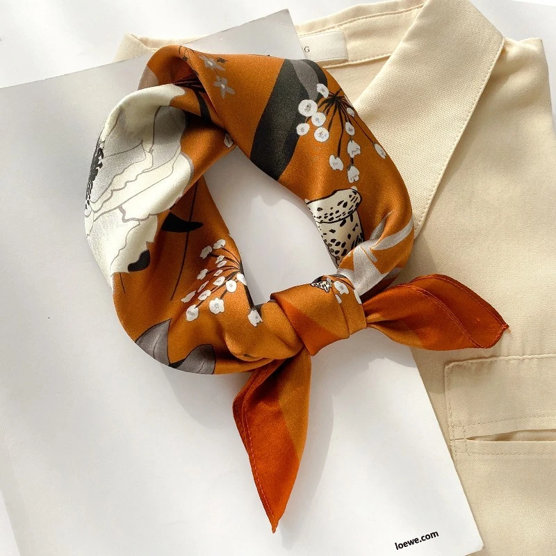 Luxury Brand 100% Natural Silk Scarf Women Design Small Square Shawl Hair Ribbon Headband Fashion Neckerchief Foulard Bandana