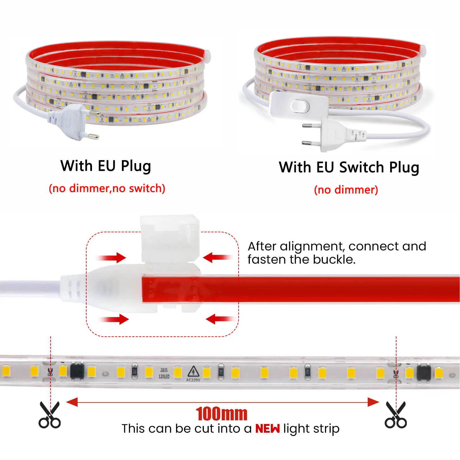 220V LED Strip Light Dimmable with Dimmer/Switch/Power Plug Ribbon Stripe Adhesive 120LEDs/m Flexible LED Tape IP65 Waterproof