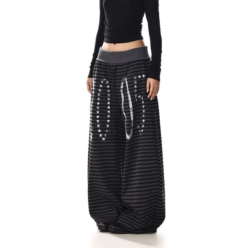 Vintage Striped Wide Leg Pants Women American Spliced Waistband Casual Sweatpants Autumn Numbers Stars Print Retro Loose Trouser