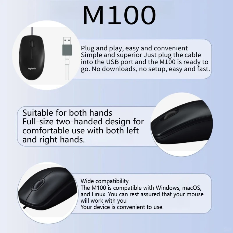 Logitech M100 عبارة عن ماوس بصري سلكي مع وصلة USB بدقة 1000 نقطة في البوصة وتصميم مريح كامل الحجم لليد اليسرى