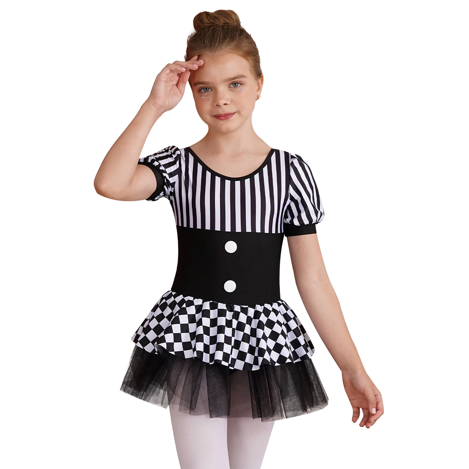 

Halloween Christmas Circus Clown Cosplay Costume Kids Girls Short Sleeve Stripe Checkerboard Ballet Tutu Dress Leotard Dancewear