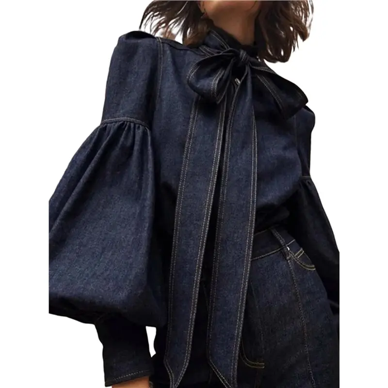 

ABRT-Womens Denim Blouse Pullover Embellished Long Puff Sleeve Jean Buttoned Vintage Shirts Tops Navy Blue M
