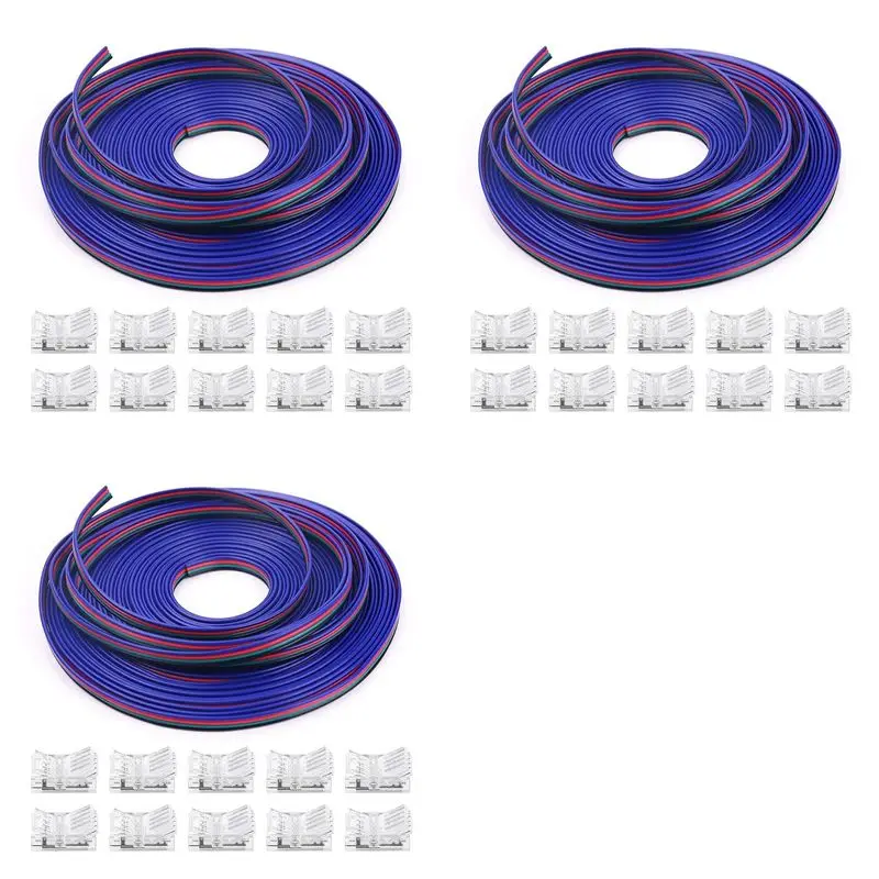 A20F-3Set 16.4Ft RGB LED Wire 22 AWG 4Pin RGB Wire With LED Strip Connector 22 Gauge 4 Colors RGB For RGB LED Strips 3528