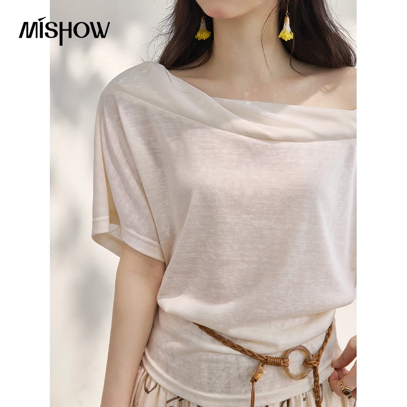 MISHOW Batwing Sleeve T-Shirt For Women 2026 Summer New Irregular Fold Collar Solid Color Loose Design Knitted Top MXF22T1548