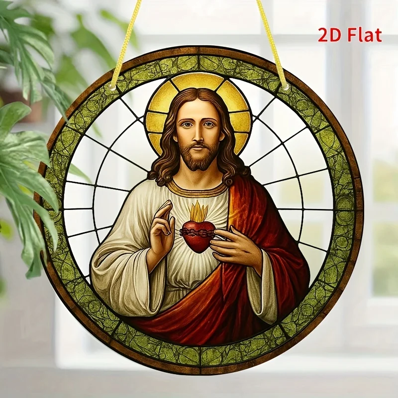 Acrylic Painting Stained Glass Style Sacred Heart of Jesus Window Hanging Suncatcher, 2D Flat Acrylic Panel Wall Decor for Churc