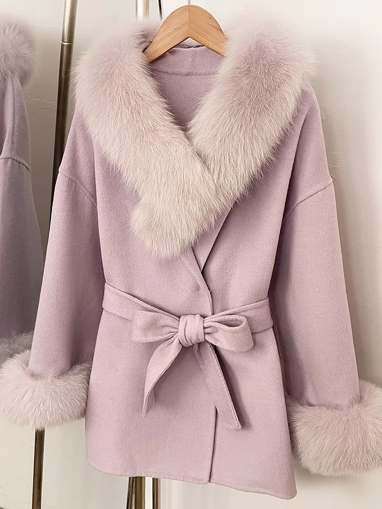 معطف نسائي أنيق من مزيج الصوف الخزامى من ZMEENNA مع أصفاد بياقة من الفرو الفاخر ملابس خارجية شتوية دافئة سترة قصيرة ZM4551 #2