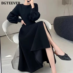 BGTEEVER Chic O-neck Slim Waist Black A-line Dress Women Elegant Long Sleeve Female Mid-Length Dress Spring Vestidos