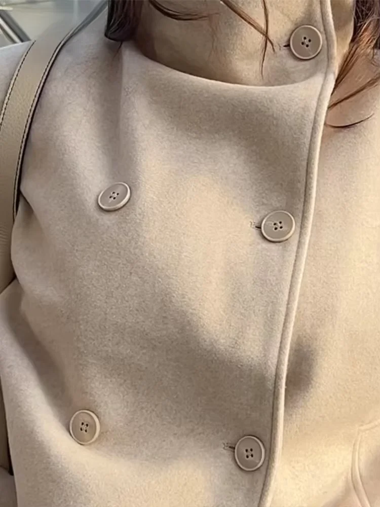 Wool Blend Coat Women Short Double Breasted Stand Collar Pockets Long Sleeve Loose Fit Elegant Fall 2026 Camel