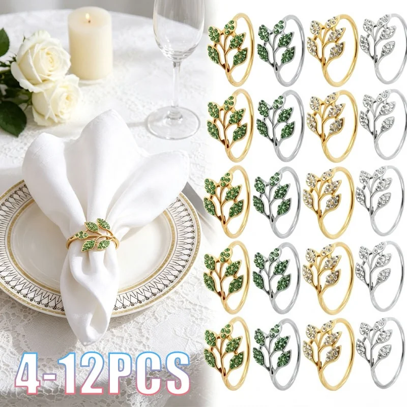 4-12PCS Napkin Rings Elegant Green Leaf Rhinestone Sparkling Table Decor Set for Hotel Banquet Wedding Dinner Celebration