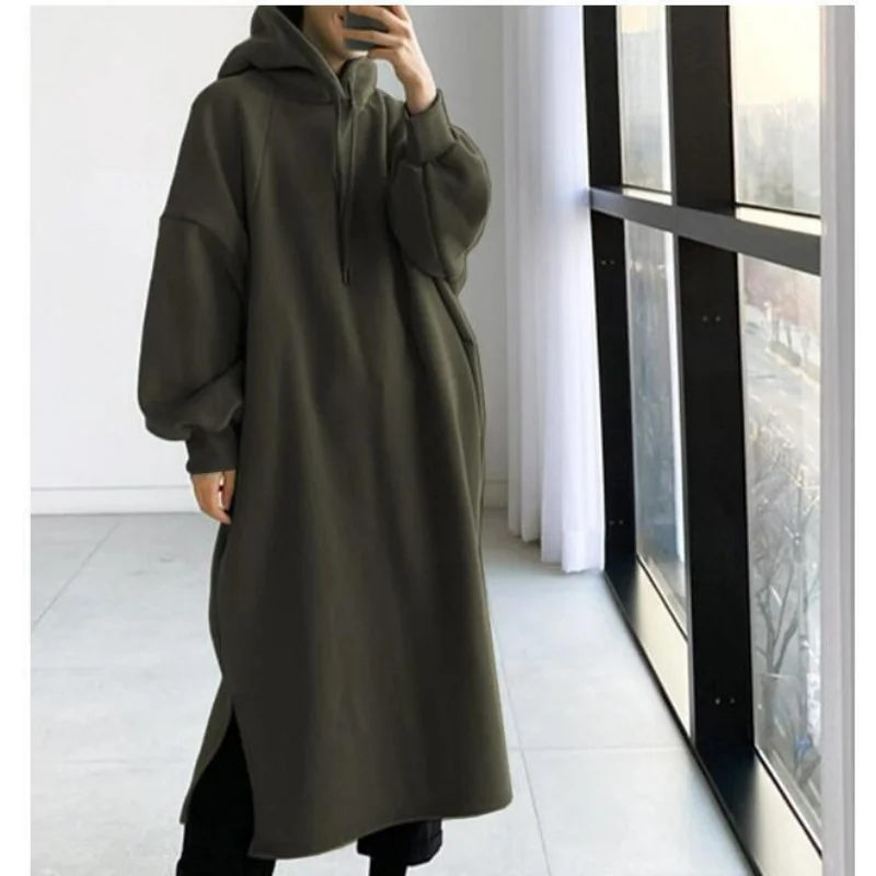 Thicken Autumn Winter Women Oversized Hoodie Long Dress Solid Fashion Long Sleeve Female Clothing Split Casual Loose New Dresses