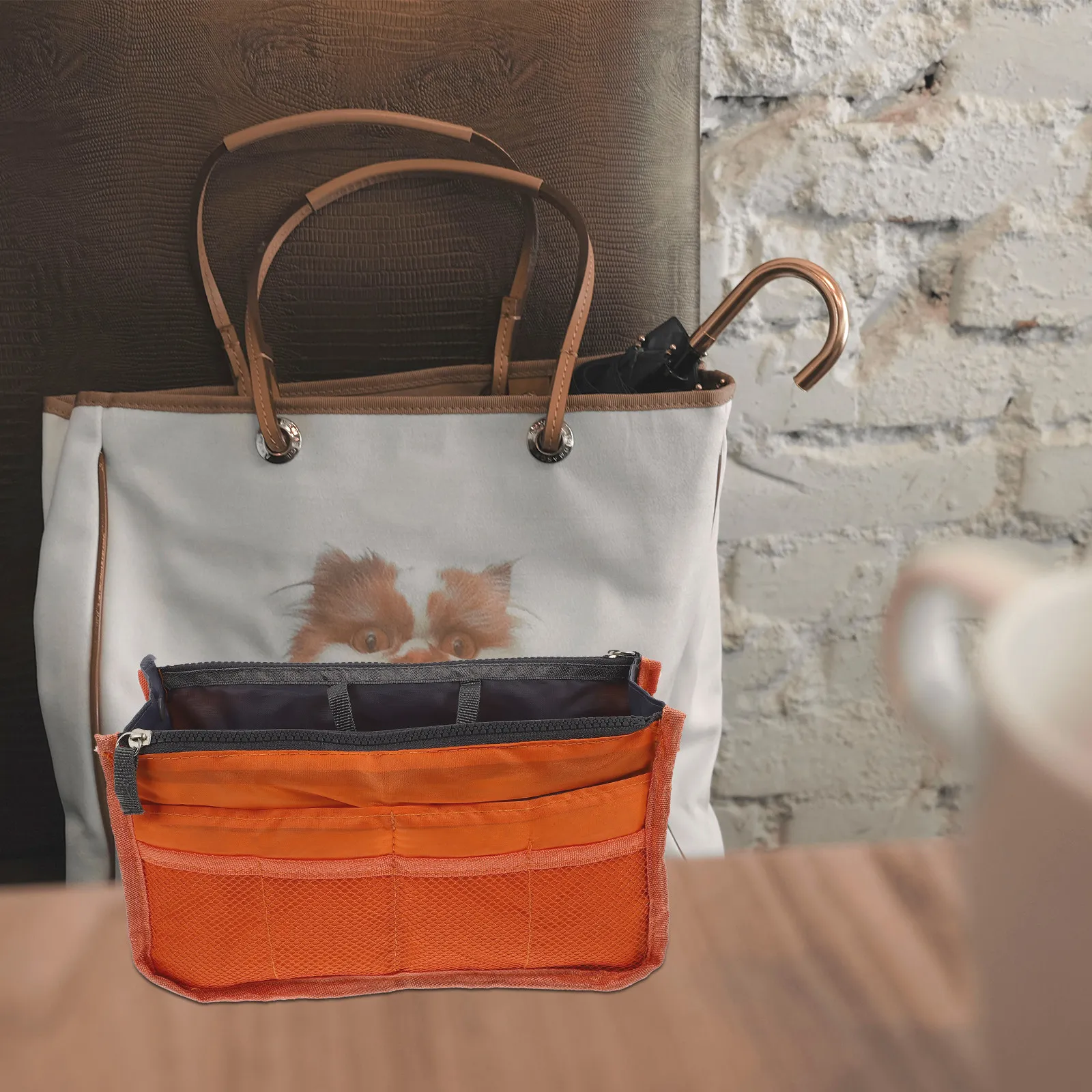 Handbag Liner with Multi-Pockets – Double-Layer Foldable Nylon Organizer for Travel, Cosmetics & Daily Storage