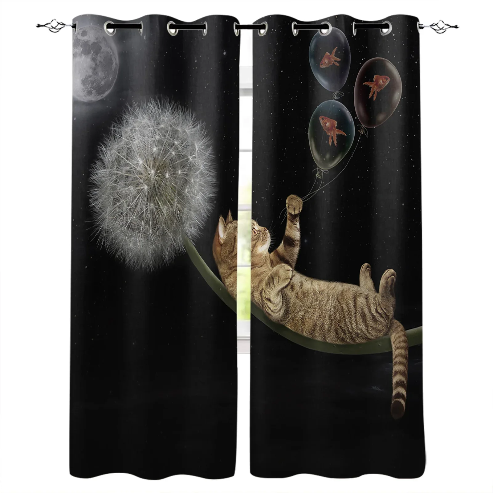 

Dandelion Goldfish Cat Moon Black Blackout Curtains Window Curtains For Bedroom Living Room Decor Window Treatments