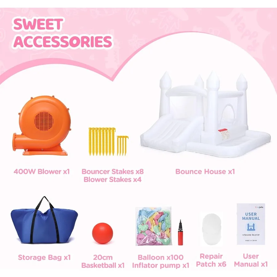 Wit springkasteel opblaasbaar uitsmijterkasteel met glijbaan luchtblazer ballenbak springkasteel voor binnen buiten verjaardagsfeestje wo