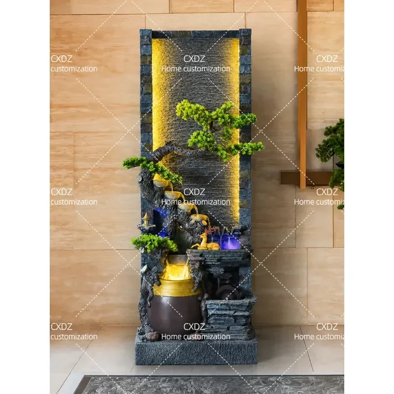 Pine Tree Feng Shui Wheel Lucky Deer Hotel Clubhouse Flowing Water Landscape Water Curtain Wall Screen Partition Courtyard