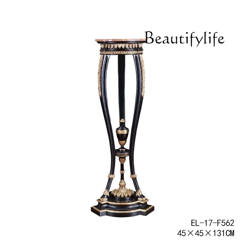 European-Style Luxury Solid Wood Marble Hand Carving round Flower Stand Home Living Room French Antique Mobile Flower