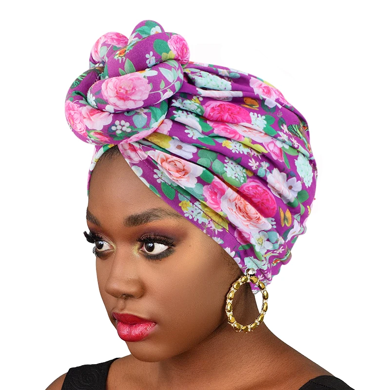 African Pattern Floral Print Knotted Turban Women Chemo Cap Headscarf Beanie Hat Party Wedding Turban Headwear Turbante Mujer