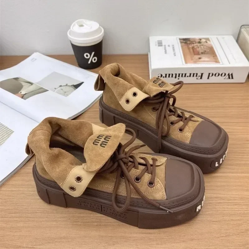 Women\'s Boots Matte Leather Lapel High Top Casual Shoes Letter Thick Sole Retro Lace Up Height Increasing Skateboard Shoes