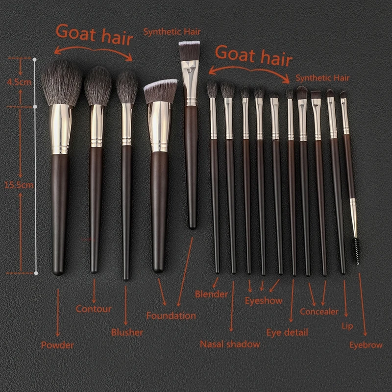 15 Piece Goat Hair Makeup Brush Set With Powder Shadow And Eyebrow Brushes In PU Bag For Professional And Home Use