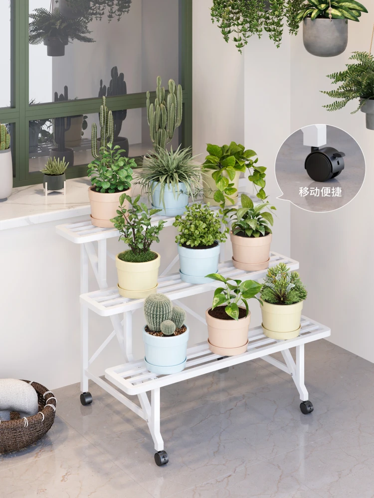 Metal Balcony Flower Pot Shelf with Wheels Indoor Multi-Tier Rolling Storage Rack Living Room Display Organizer Plant Stand