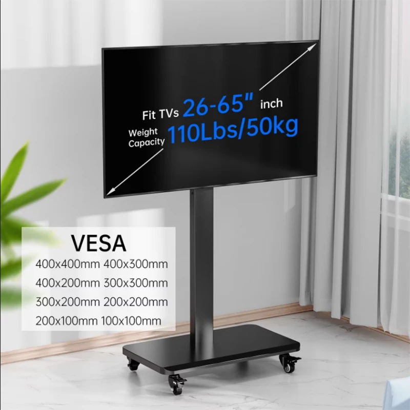 Mobile TV Floor Stand Rolling TV Cart with Wheels for 90° Rotation 32-65 In Portable FloorTrolley with Shelf Height Adjustable