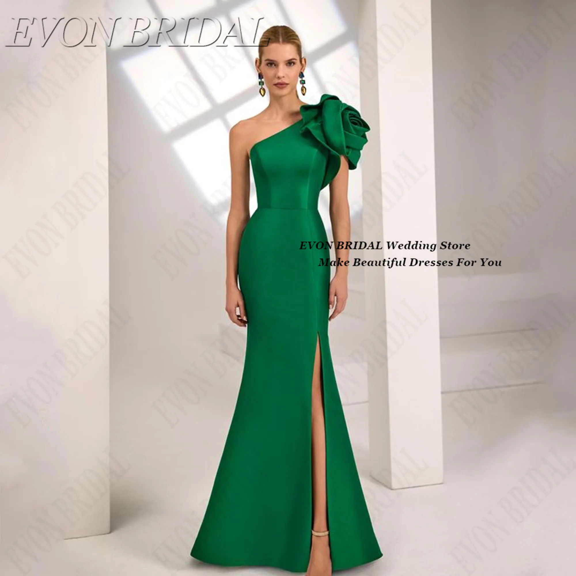 Long Evening Dress Green Flowers Wedding Bridesmaids Dress Customized EVON BRIDAL Vestidos de boda para fiestas Side Split
