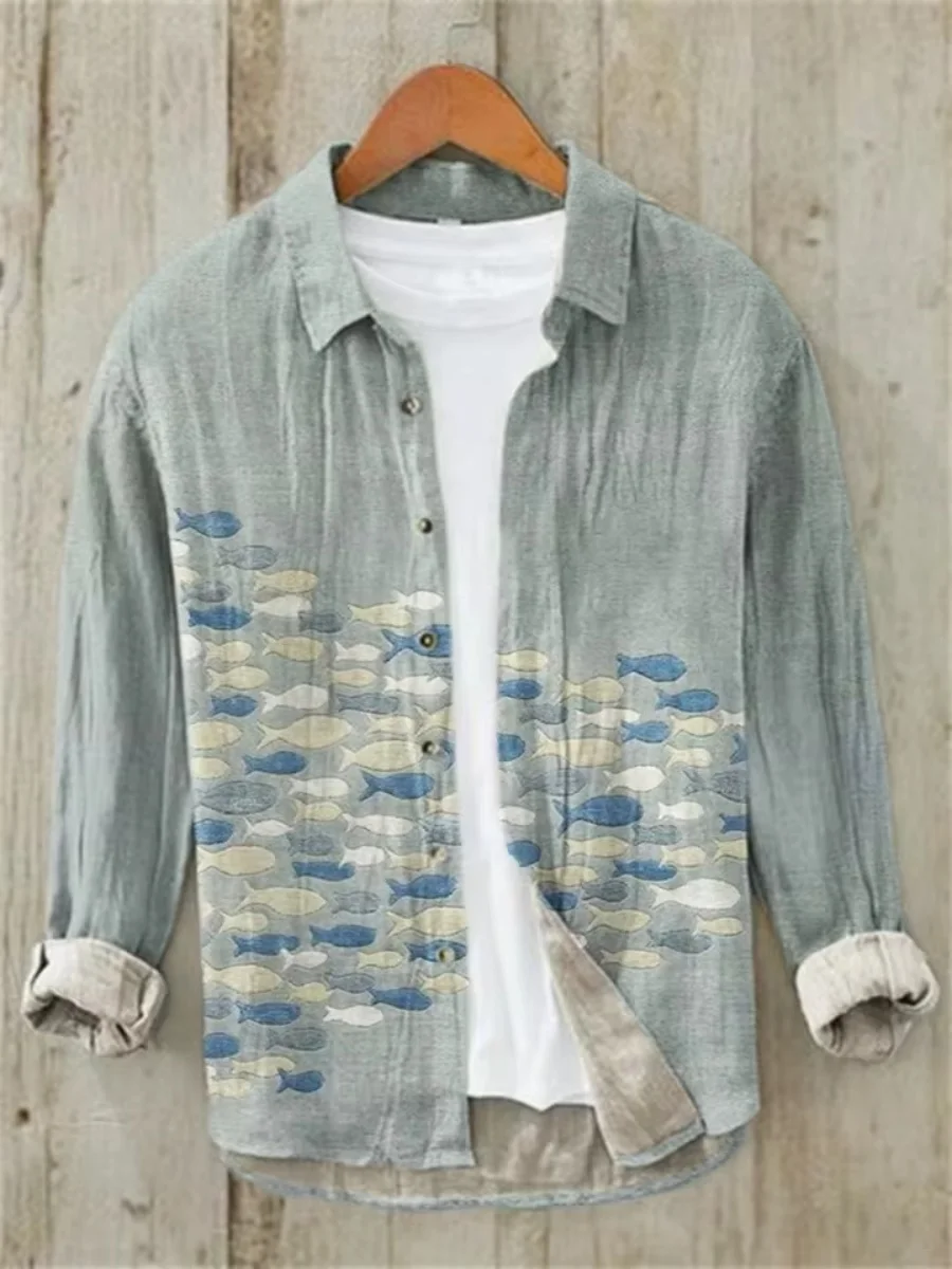 The new vintage Hawaiian long-sleeved shirt with fish patterns is a men's casual clothing item that is breathable and comfortabl - Image 4
