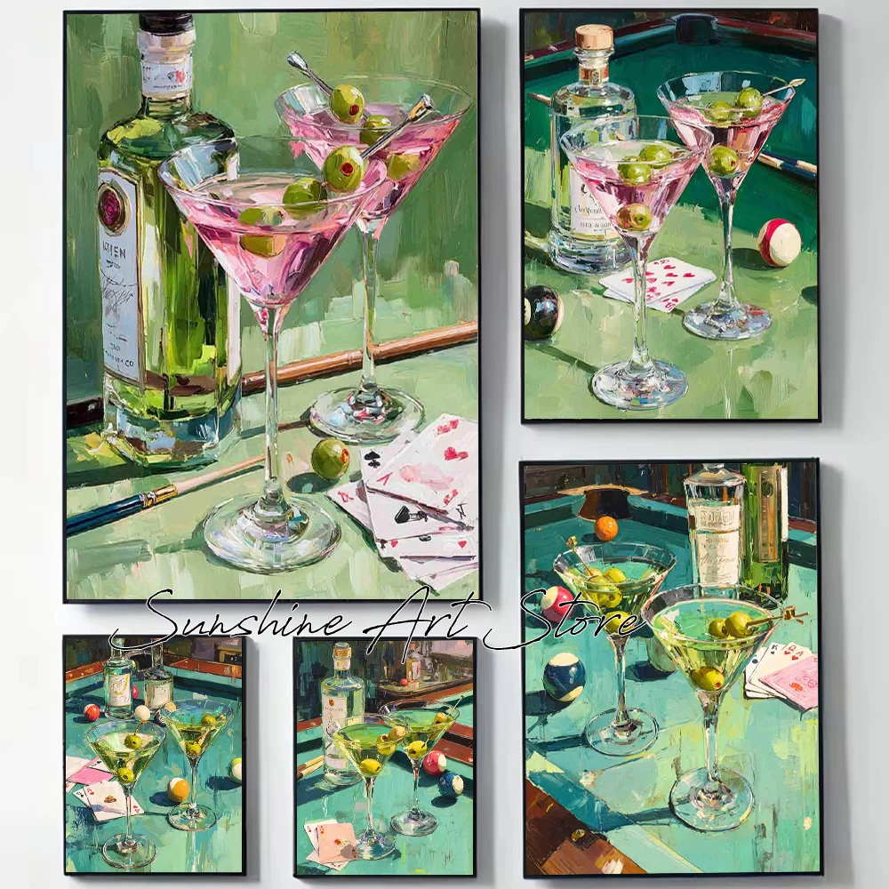 Cóctel rosa, ocho bolas, sala de billar, carrito de Bar con Alcohol, mesa de billar de Martinis de oliva, póster, pintura en lienzo, imagen de pared, decoración de Bar