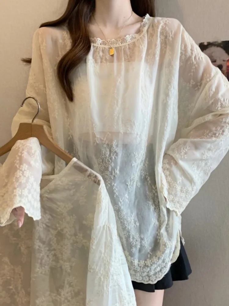 

Женская блузка Ele с вышивкой, свободного кроя, с длинным рукавом, скрывающая живот, весенняя модная повседневная блузка больших размеров